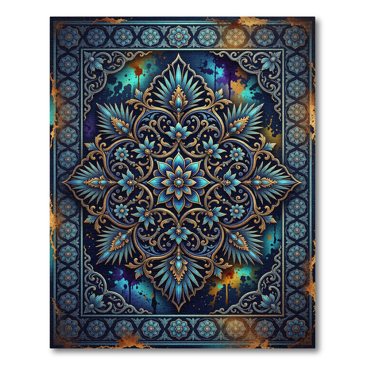 Luxe Blue Gold Floral Mandala Splash Rug