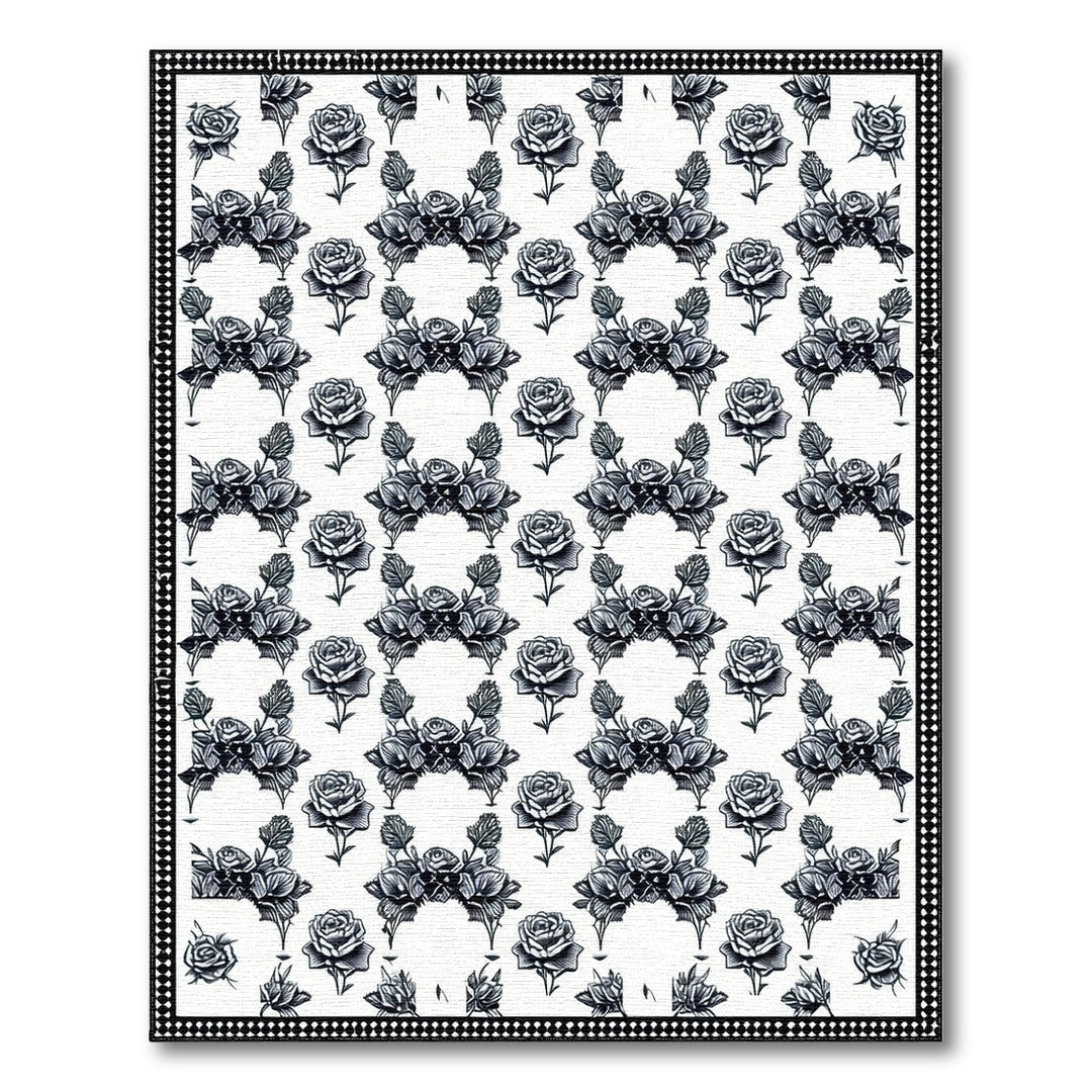 Black White Rose Floral Vintage Area Rug