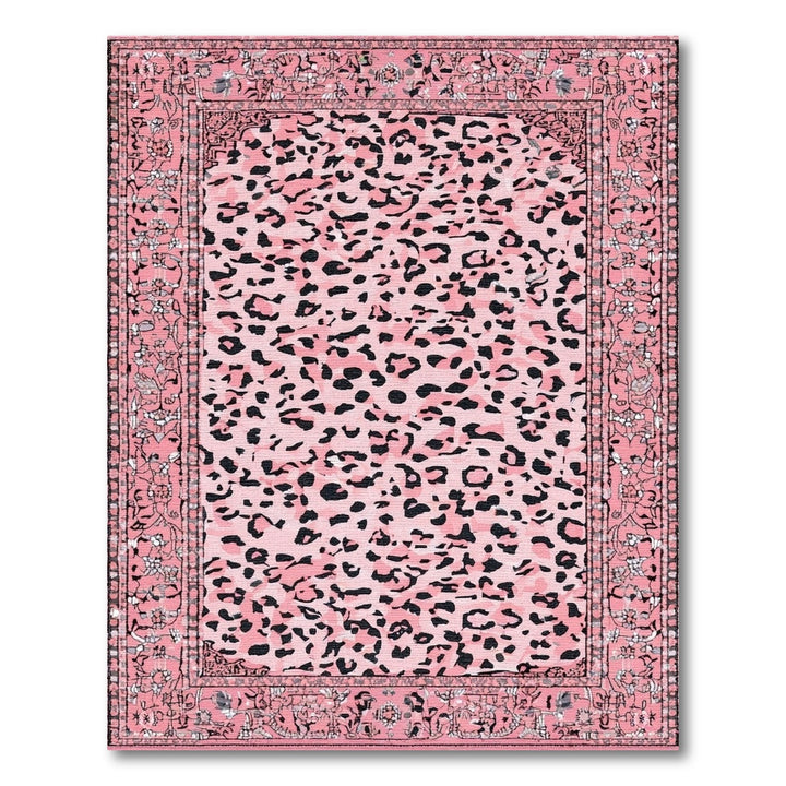 Pink Leopard Print Area Rug with Floral Border