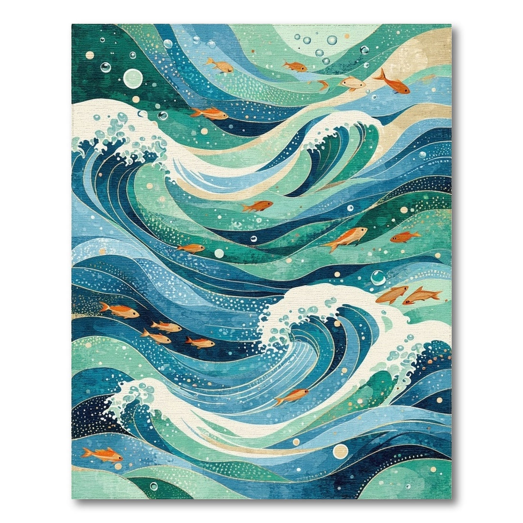 Blue Teal Ocean Wave Fish Area Rug