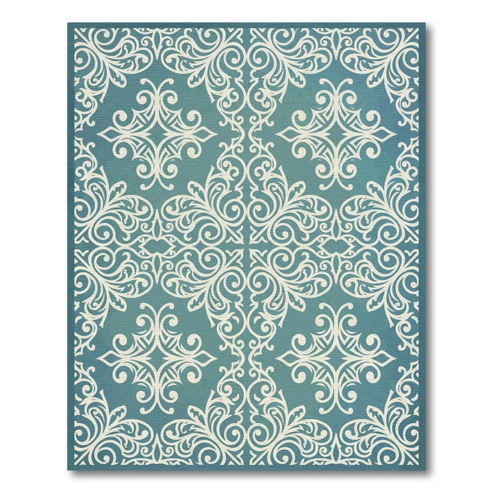 Ornate Teal White Scrollwork Rug