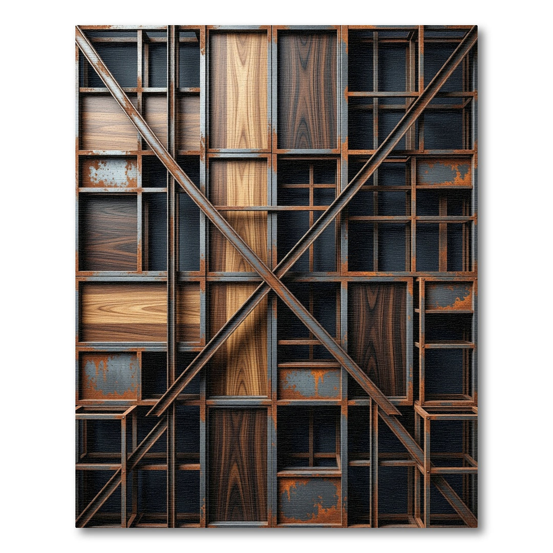 Industrial Wooden Panel Metal Grid Rug