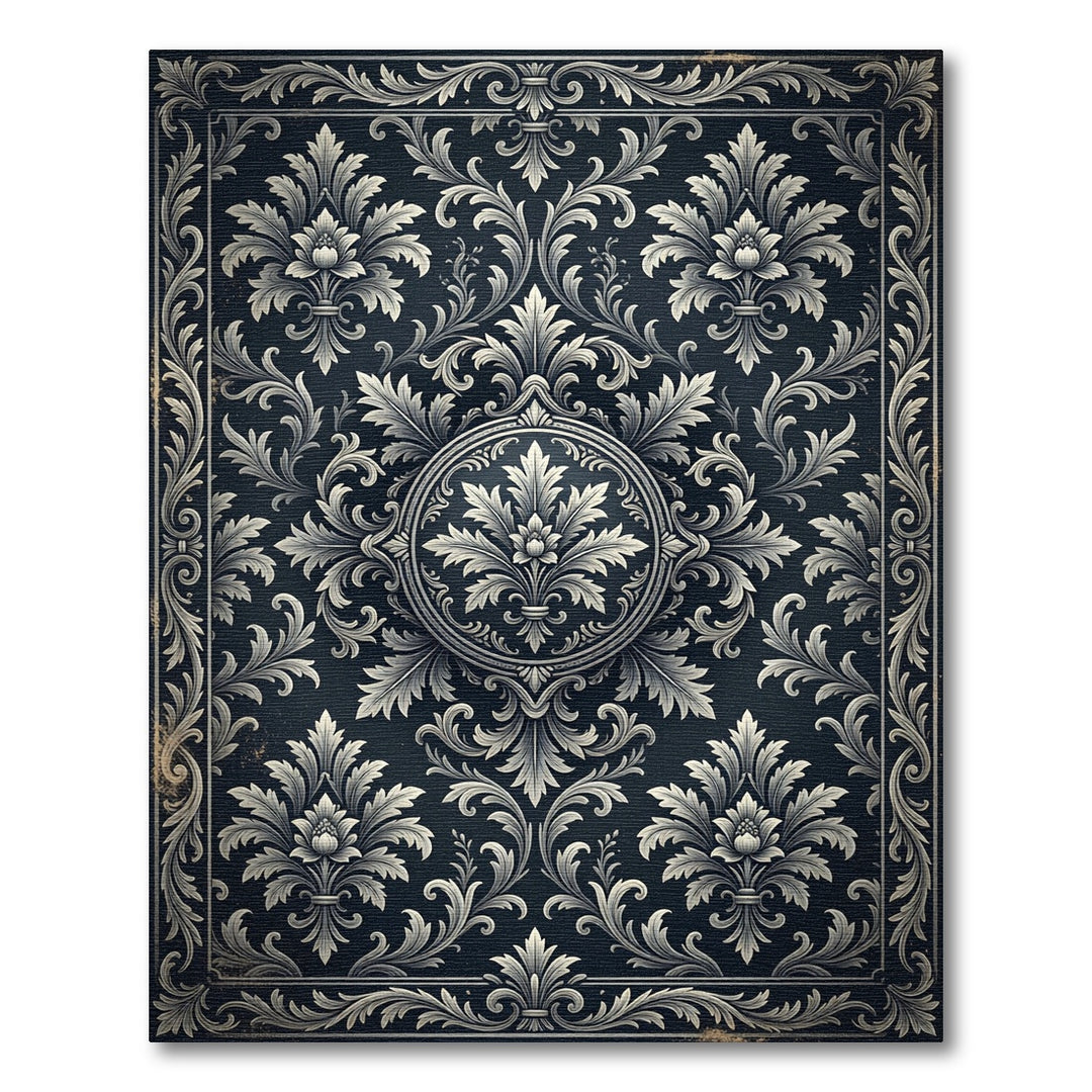 Ornate Black Floral Damask Rug