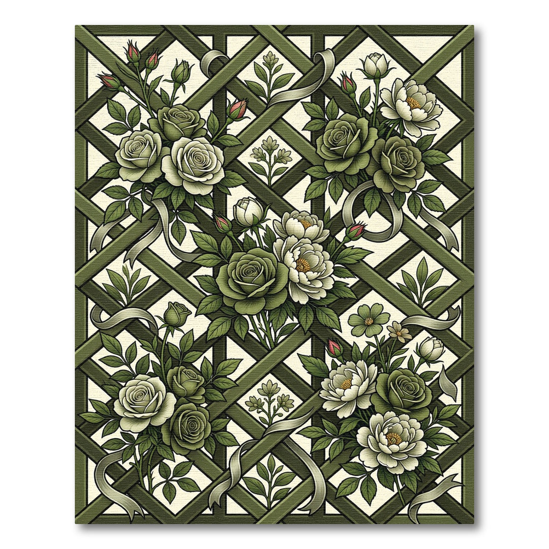 Sage Green Floral Garden Lattice Rug