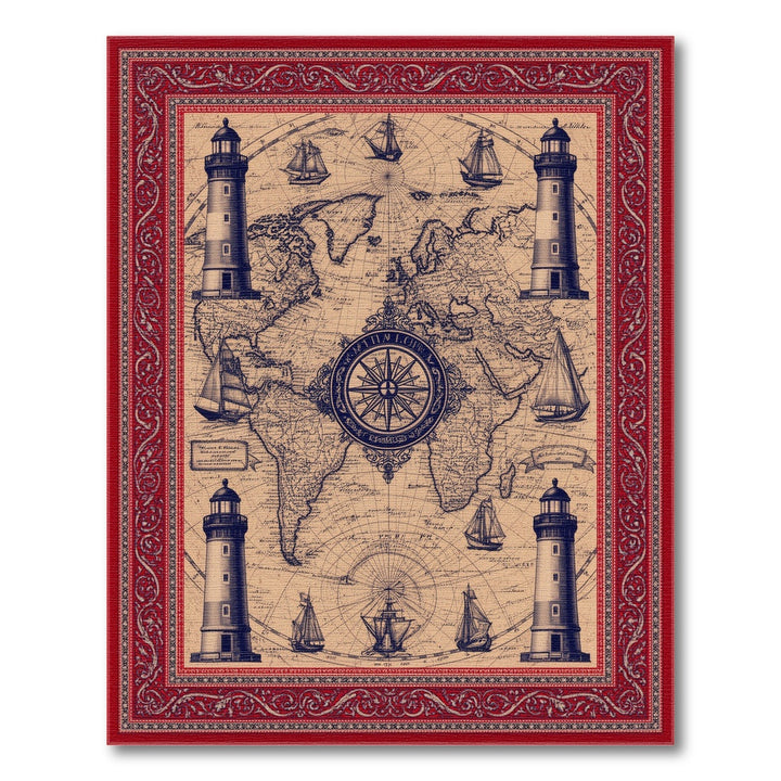 Vintage Nautical World Map Red Border Rug