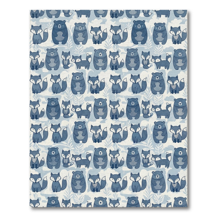 Blue Woodland Bear Fox Whimsical Folk Rug