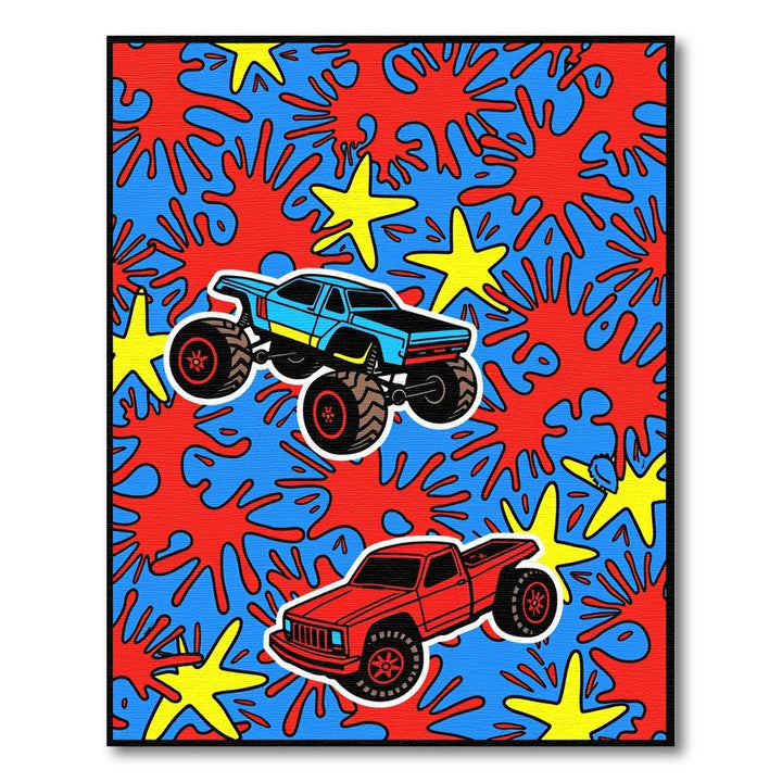 Blue Red Yellow Monster Truck Splatter Rug