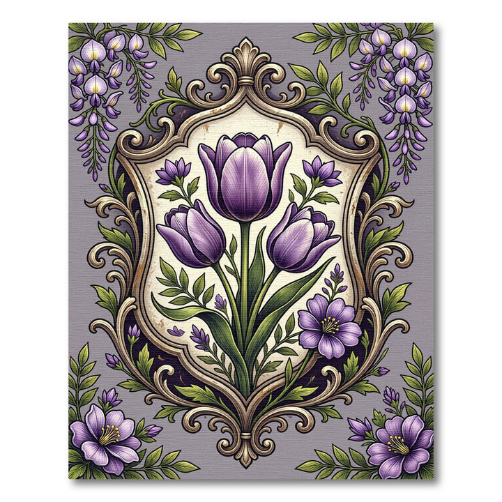 Ornate Purple Tulip Blooming Crest Rug