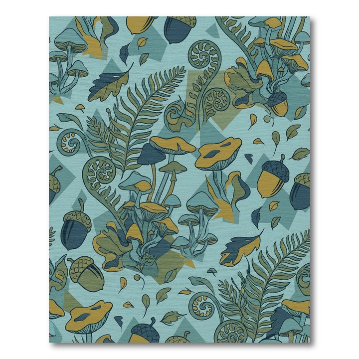 Forest Mushrooms Fern Acorns Teal Yellow Rug