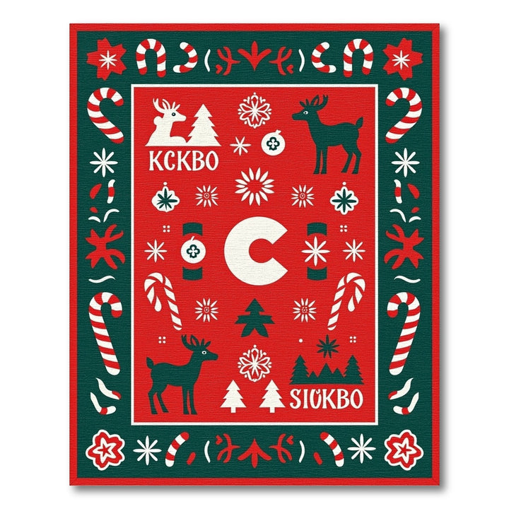 Red Festive Deer Snowflake Candy Cane Rug