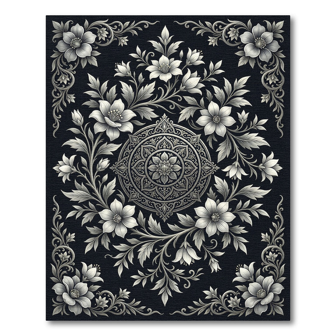 Elegant Silver Floral Medallion Rug