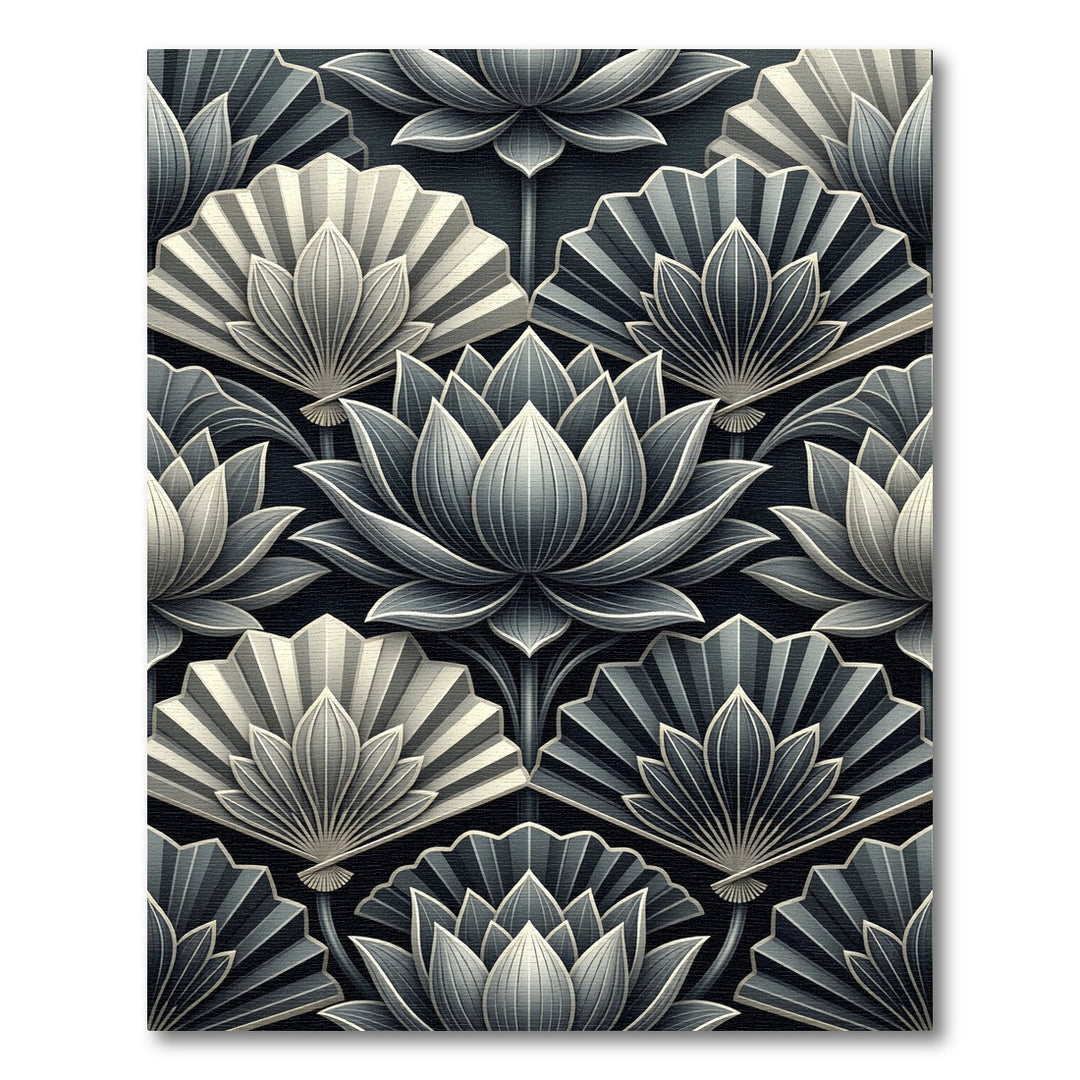 Elegant Black White Lotus Fan Rug