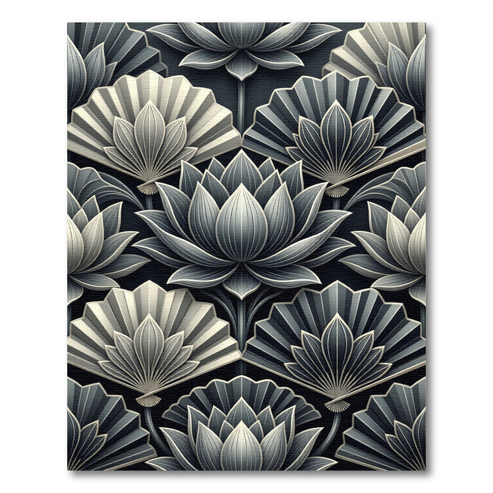 Elegant Black White Lotus Fan Rug