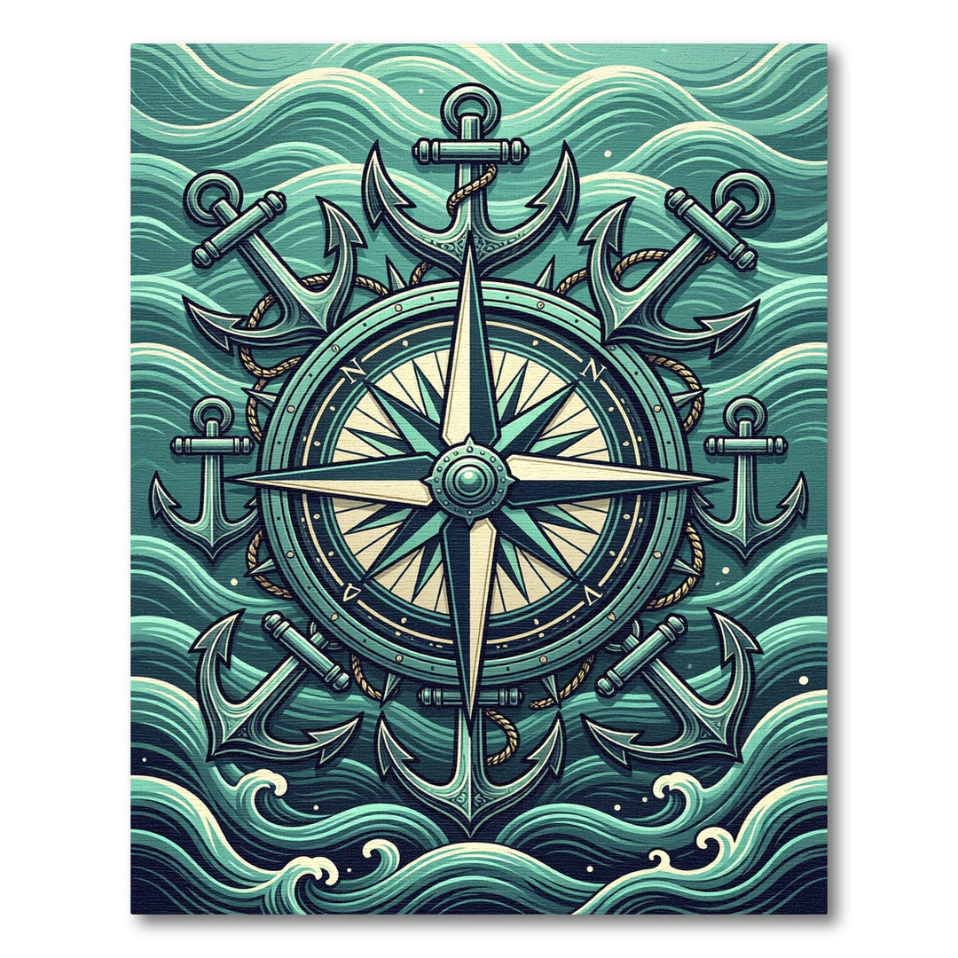 Nautical Compass Anchors Ocean Waves Rug