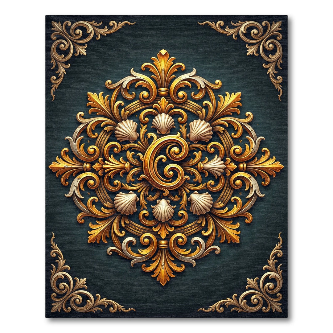 Ornate Gold Scallop Mandala Rug