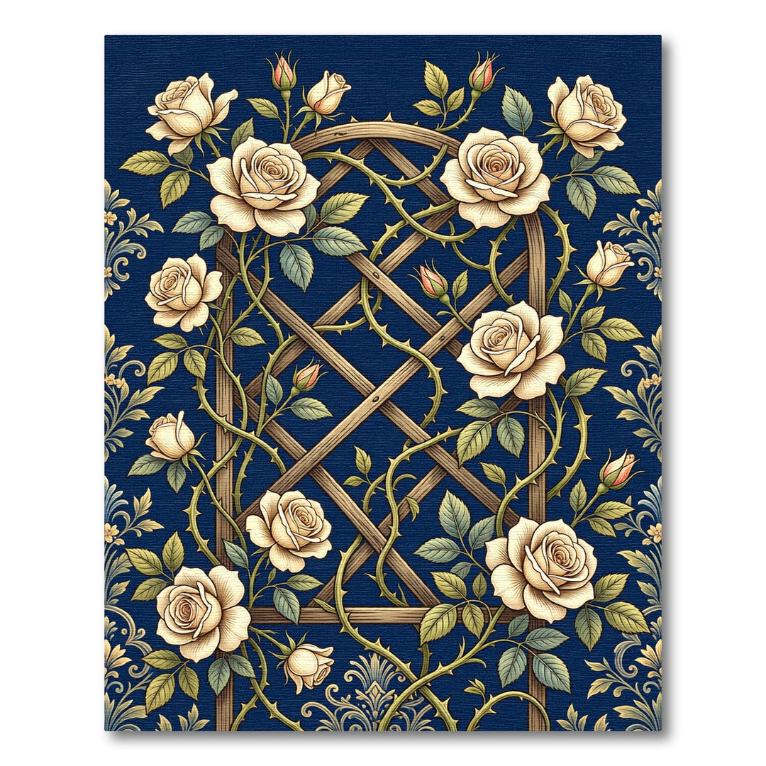 Cream Roses Lattice Indigo Area Rug