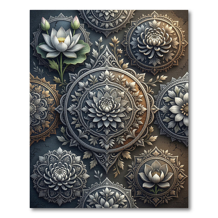 Intricate Silver Lotus Blossom Mandalas Rug