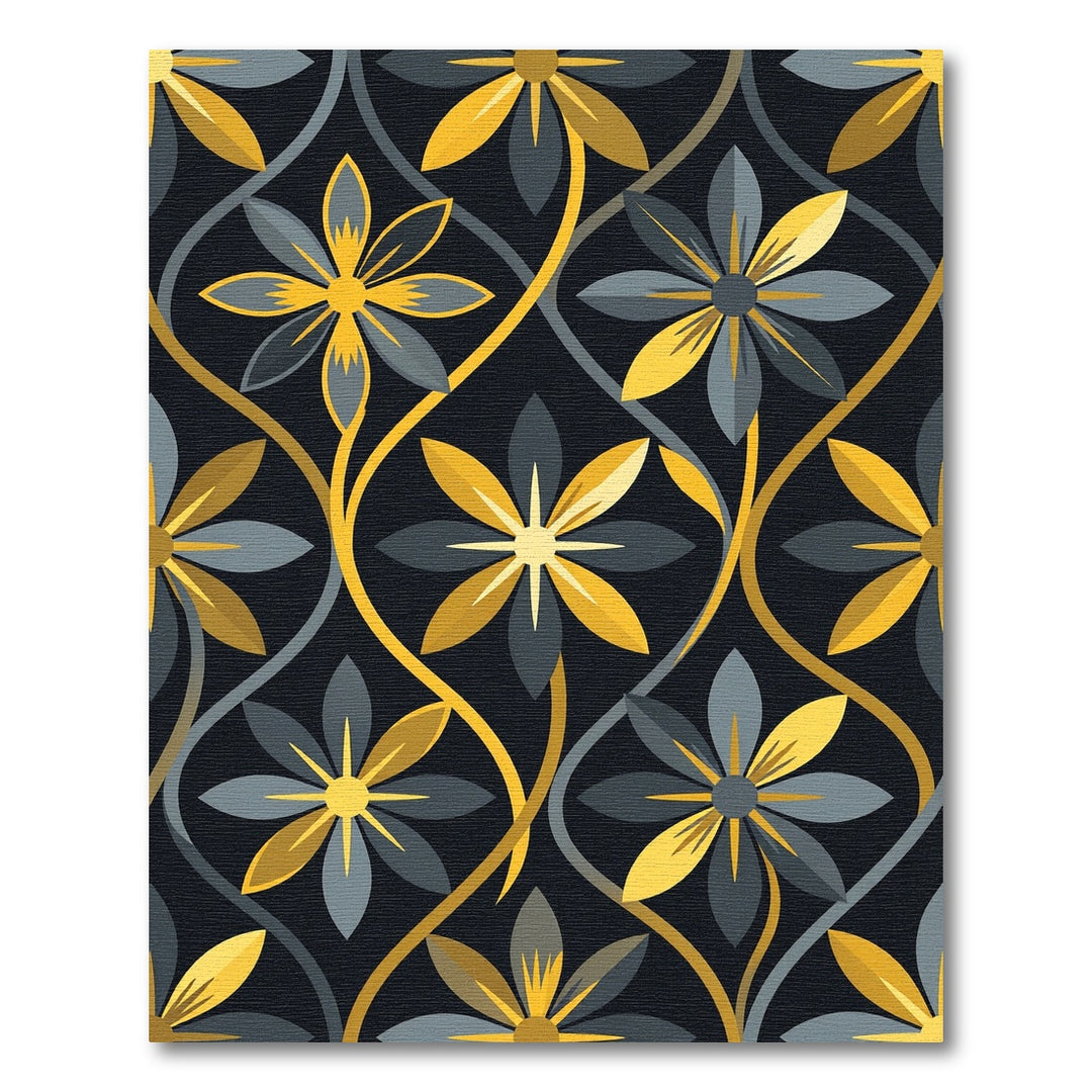 Golden Yellow Gray Floral Art Rug