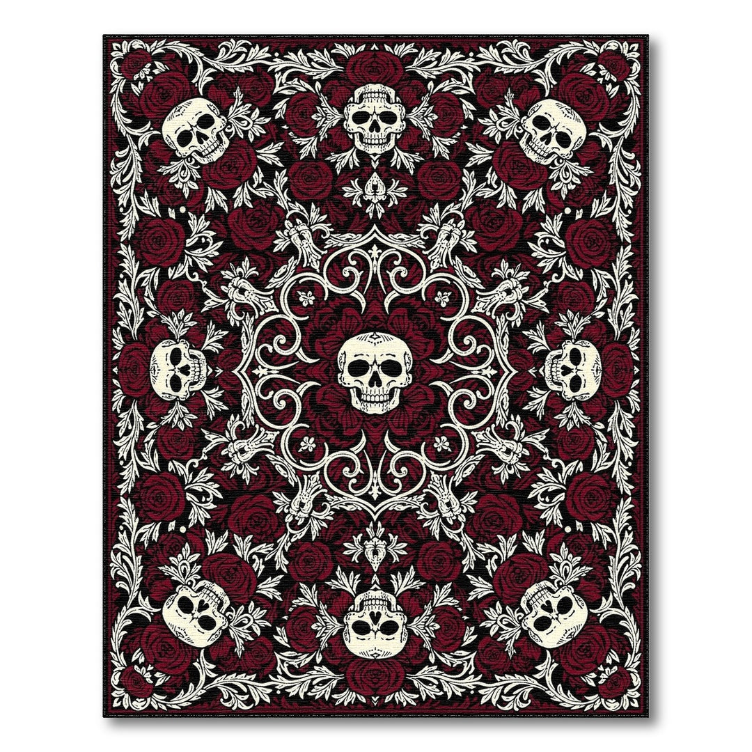 Red Vintage Skull Rose Area Rug