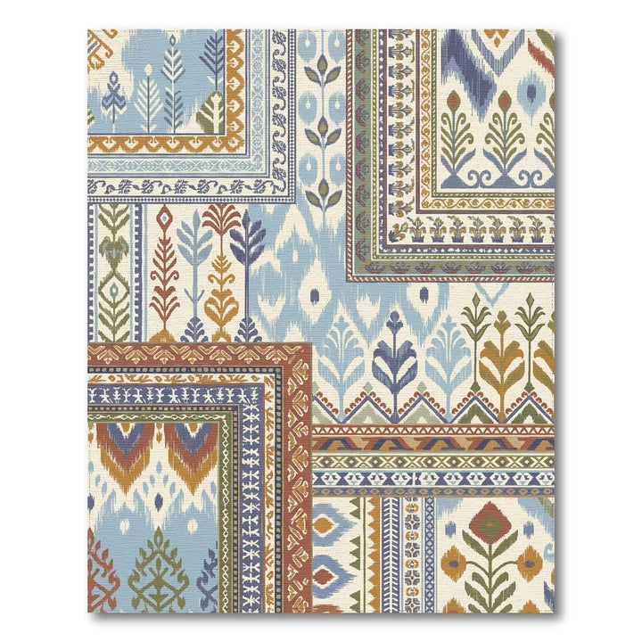 Patchwork Blue and Ochre Ikat Floral Rug