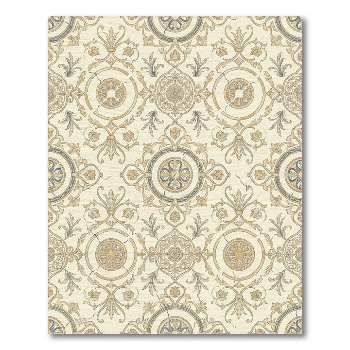 Aged Cream Gold Medallion Scrollwork Repeating Rug