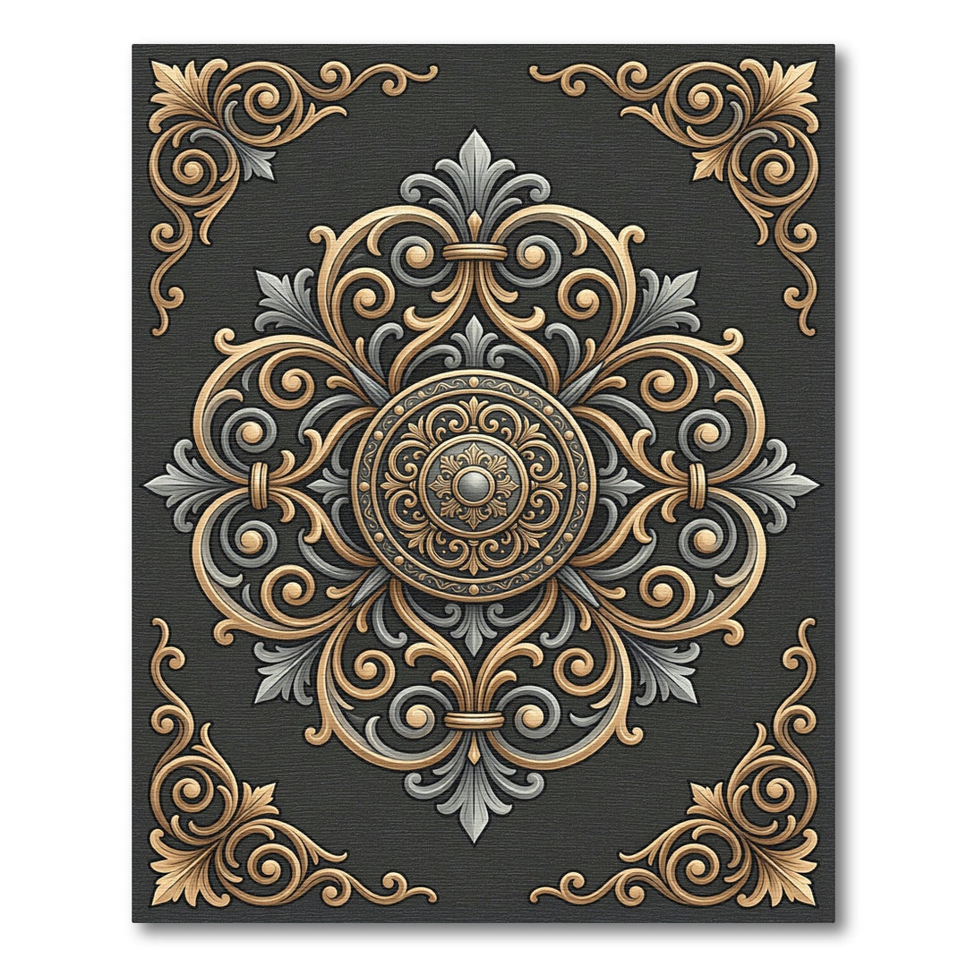Ornate Gold Black Scroll Medallion Rug