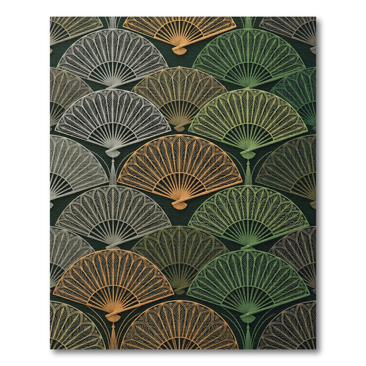 Art Deco Golden Green Fan Pattern Rug