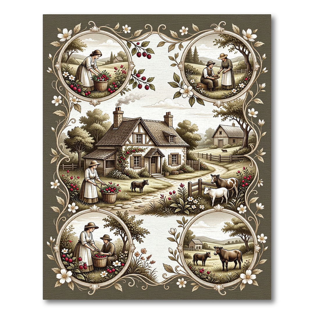 Farmhouse Scene Vintage Botanical Border Rug