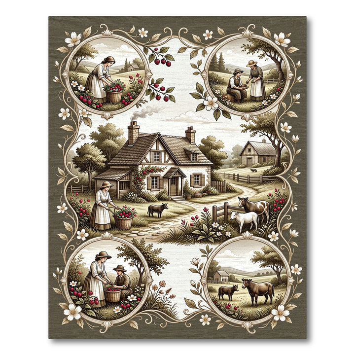 Farmhouse Scene Vintage Botanical Border Rug