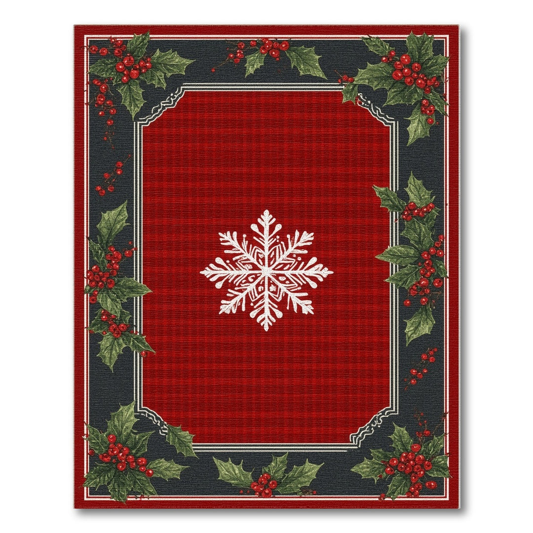 Red Plaid Snowflake Holly Area Rug