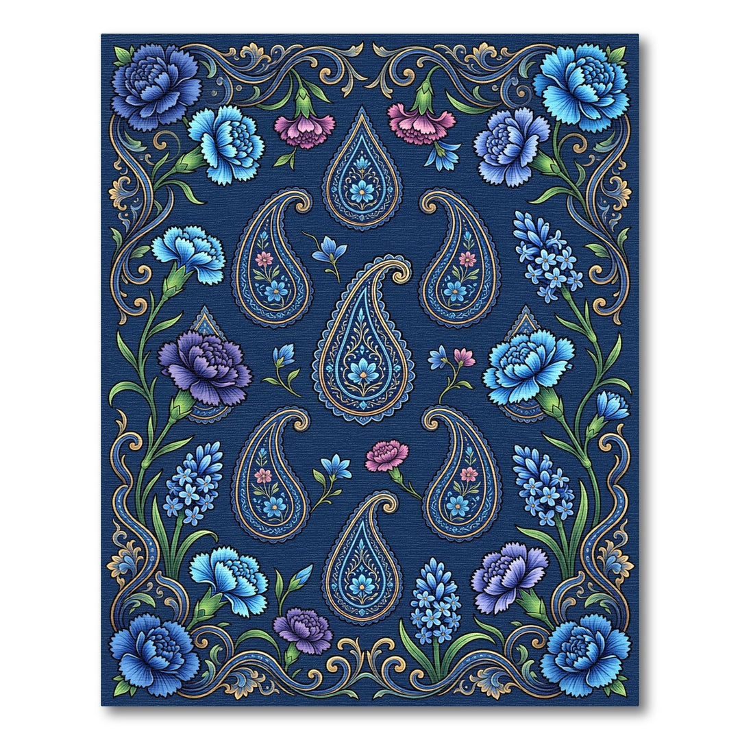 Deep Blue Paisley Floral Border Rug