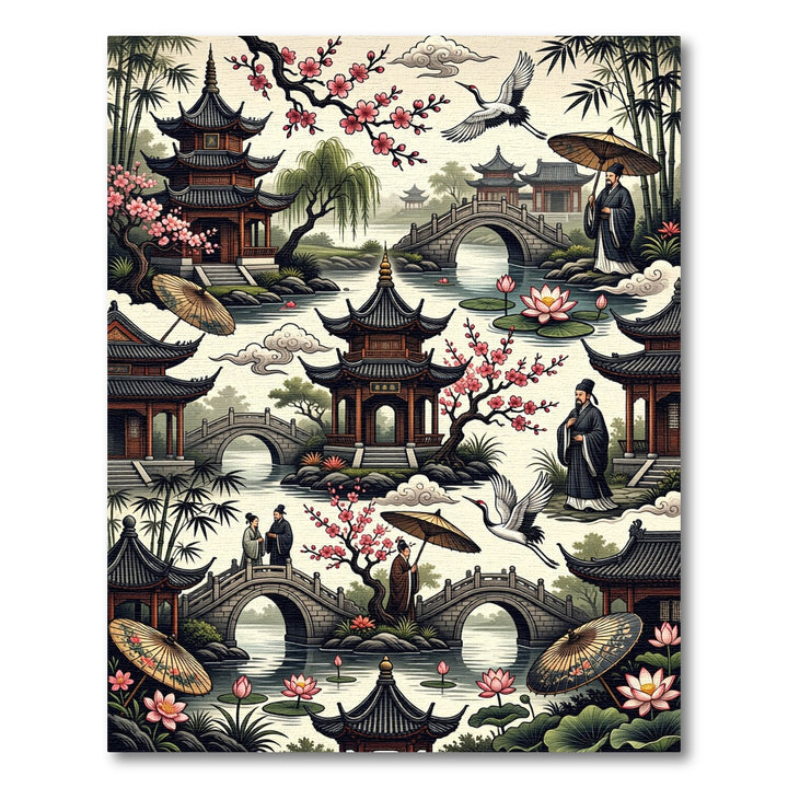 Serene Pagoda Garden Crane Blossom Rug