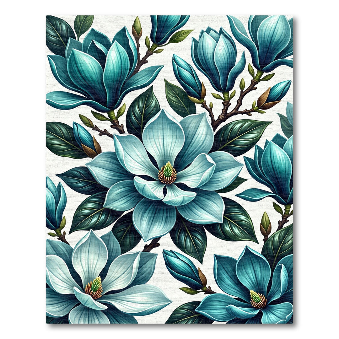 Teal Magnolia Blooms on White Rug