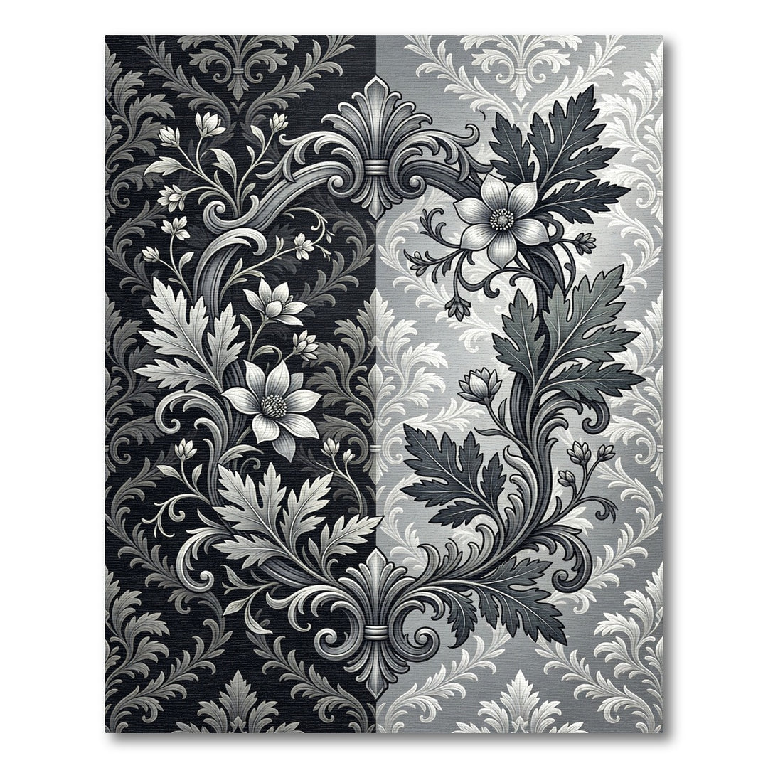 Ornate Black and White Floral Damask Rug