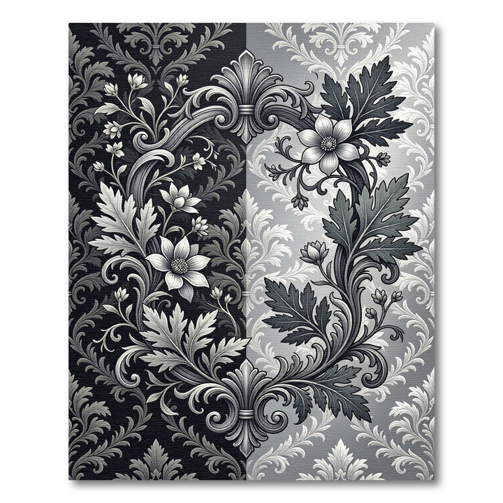 Ornate Black and White Floral Damask Rug
