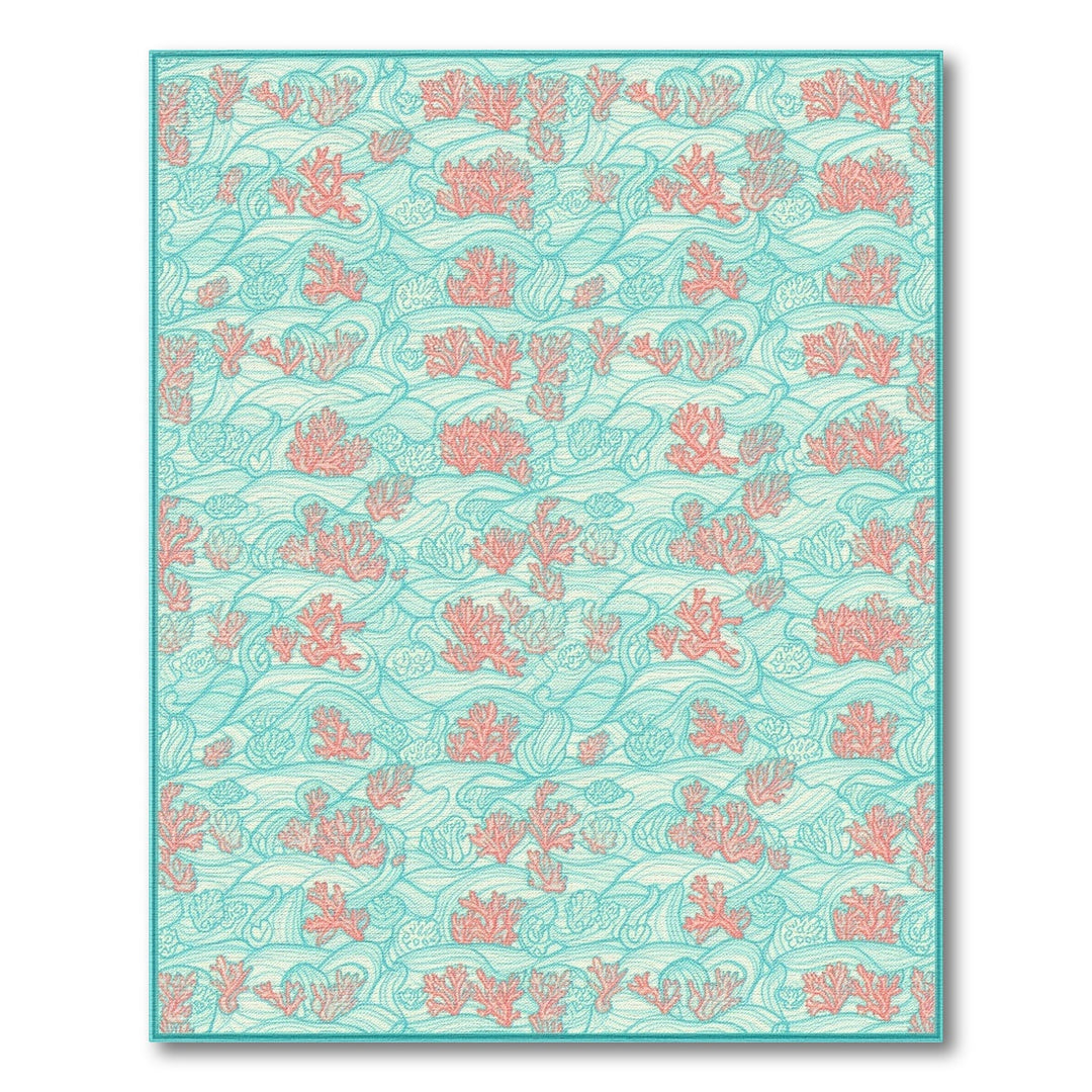 Teal Coral Wave Washable Area Rug