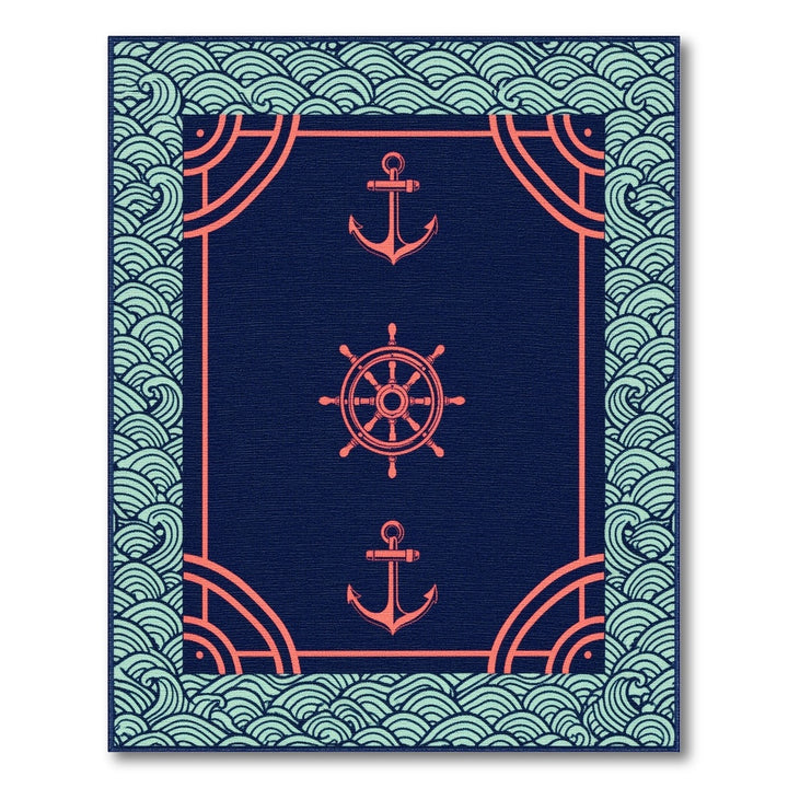Blue Teal Nautical Anchor Ship Wheel Area Rug