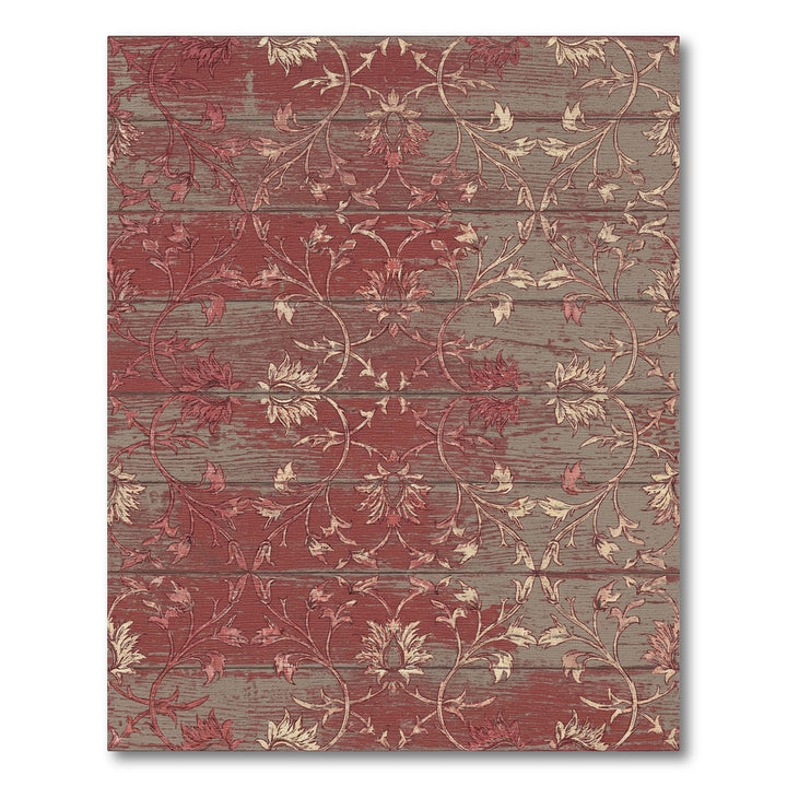 Rustic Red Scrolled Floral Wood Panel Rug