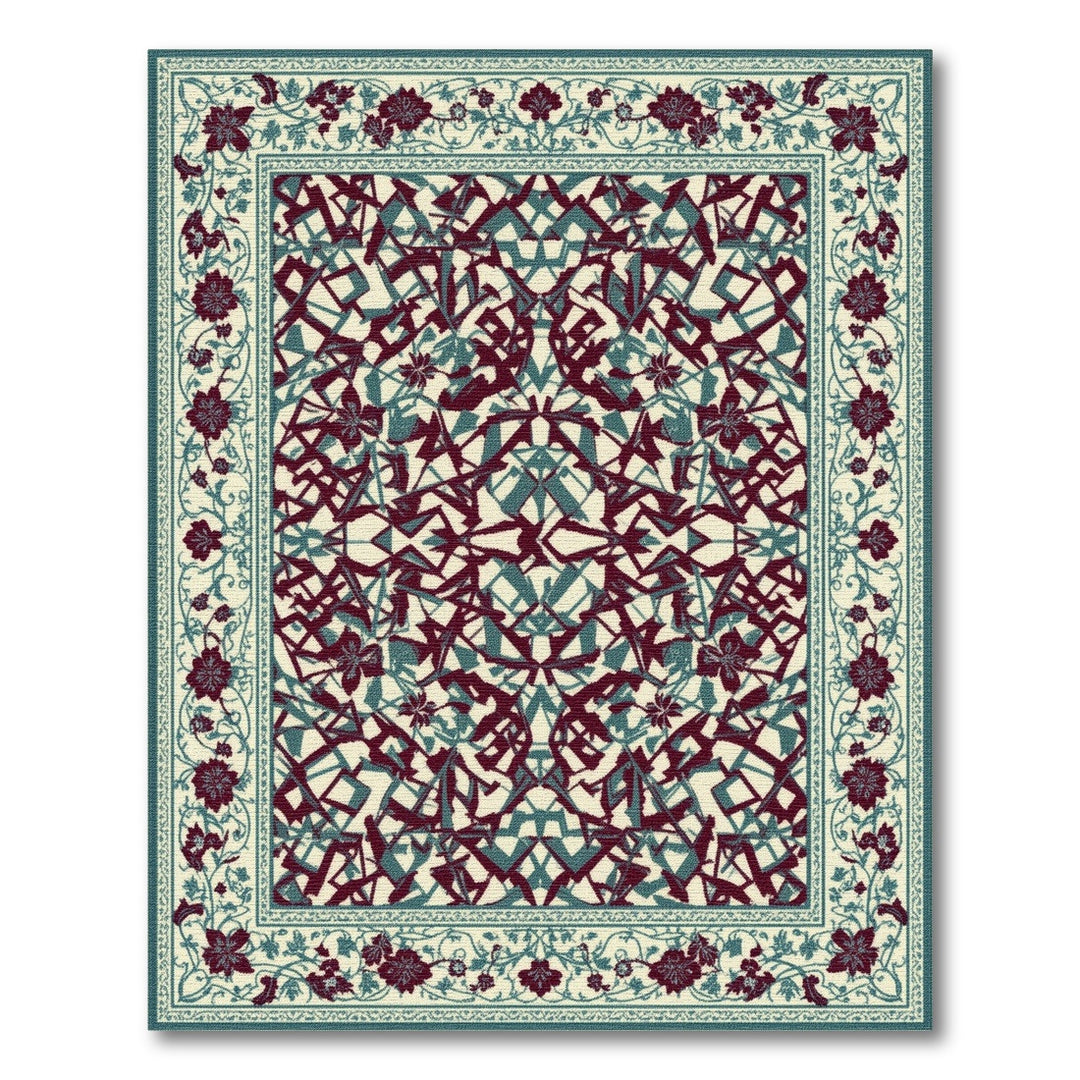 Teal Geometric Area Rug with Floral Border