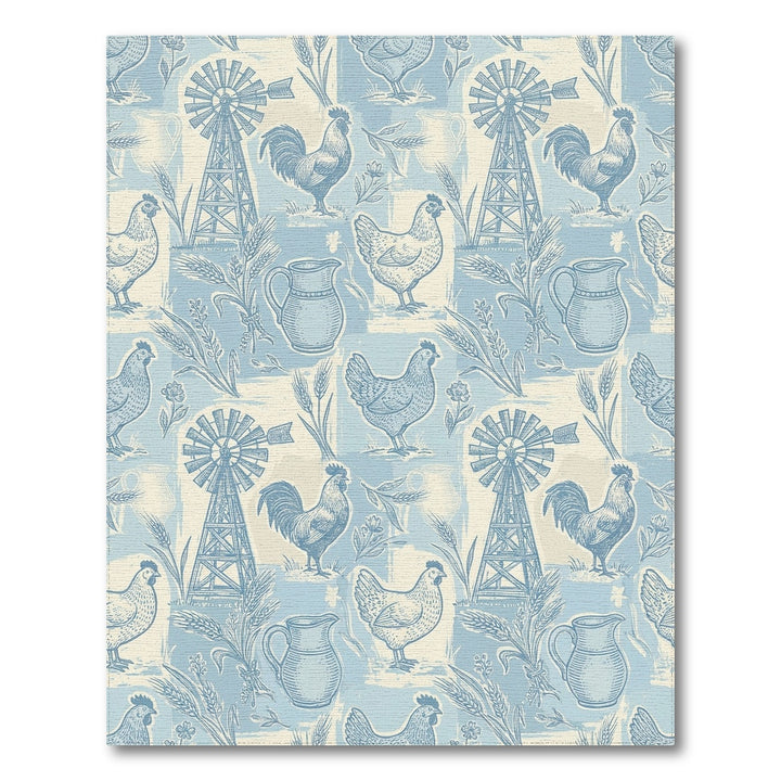 Farmhouse Blue Rooster Chicken Windmill Scene Rug