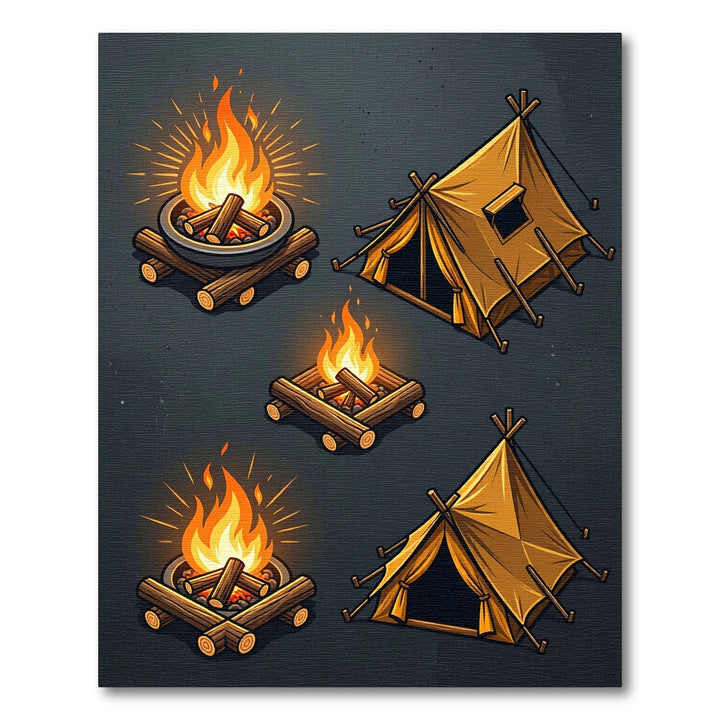 Golden Campfire Tent Illustration Rug