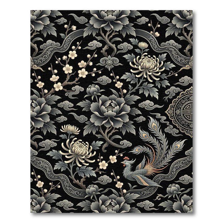 Elegant Black Peony Phoenix Floral Rug