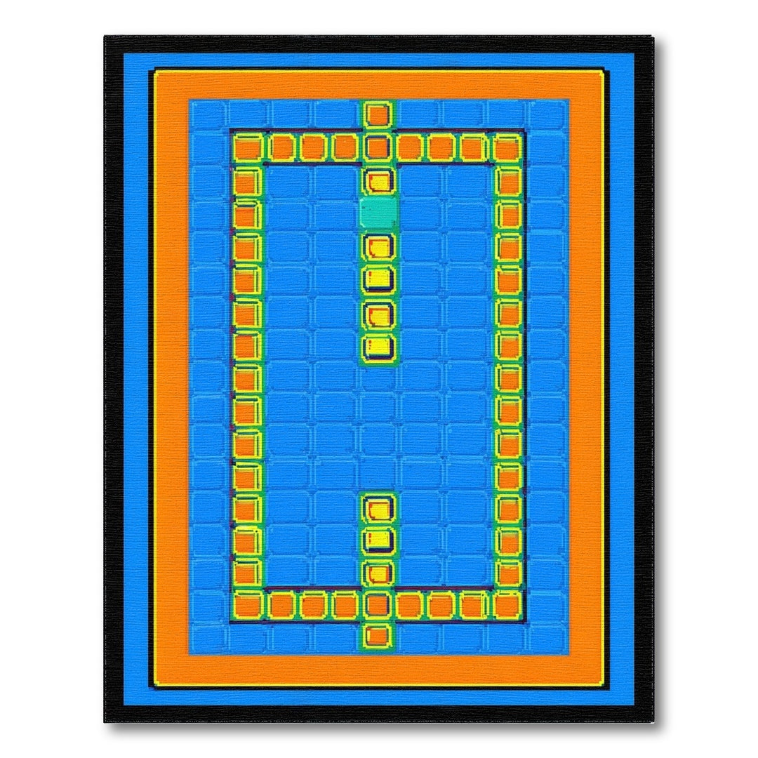 Blue Geometric Area Rug with Orange Border