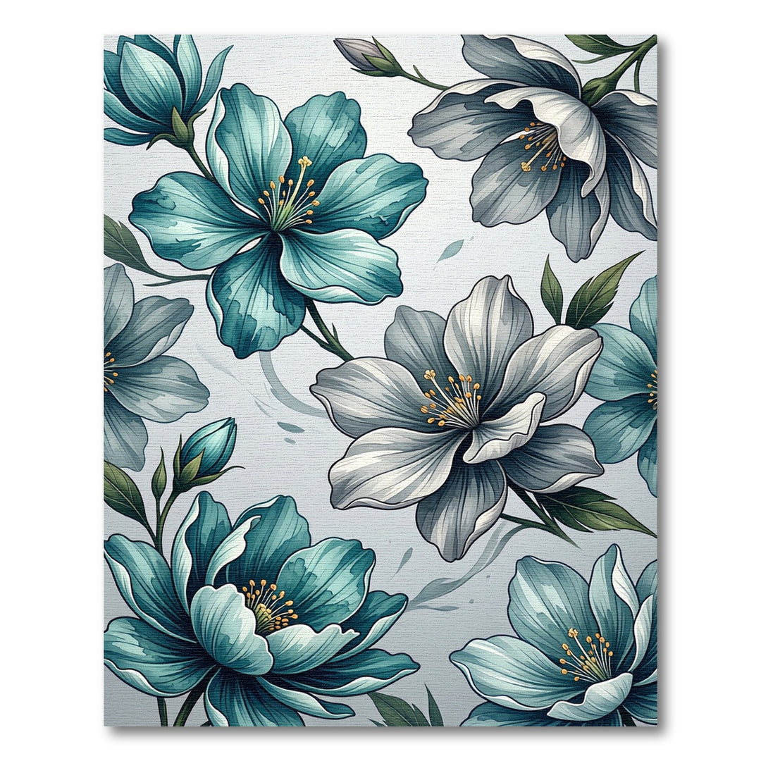 Teal Gray Petal Floral Composition Rug