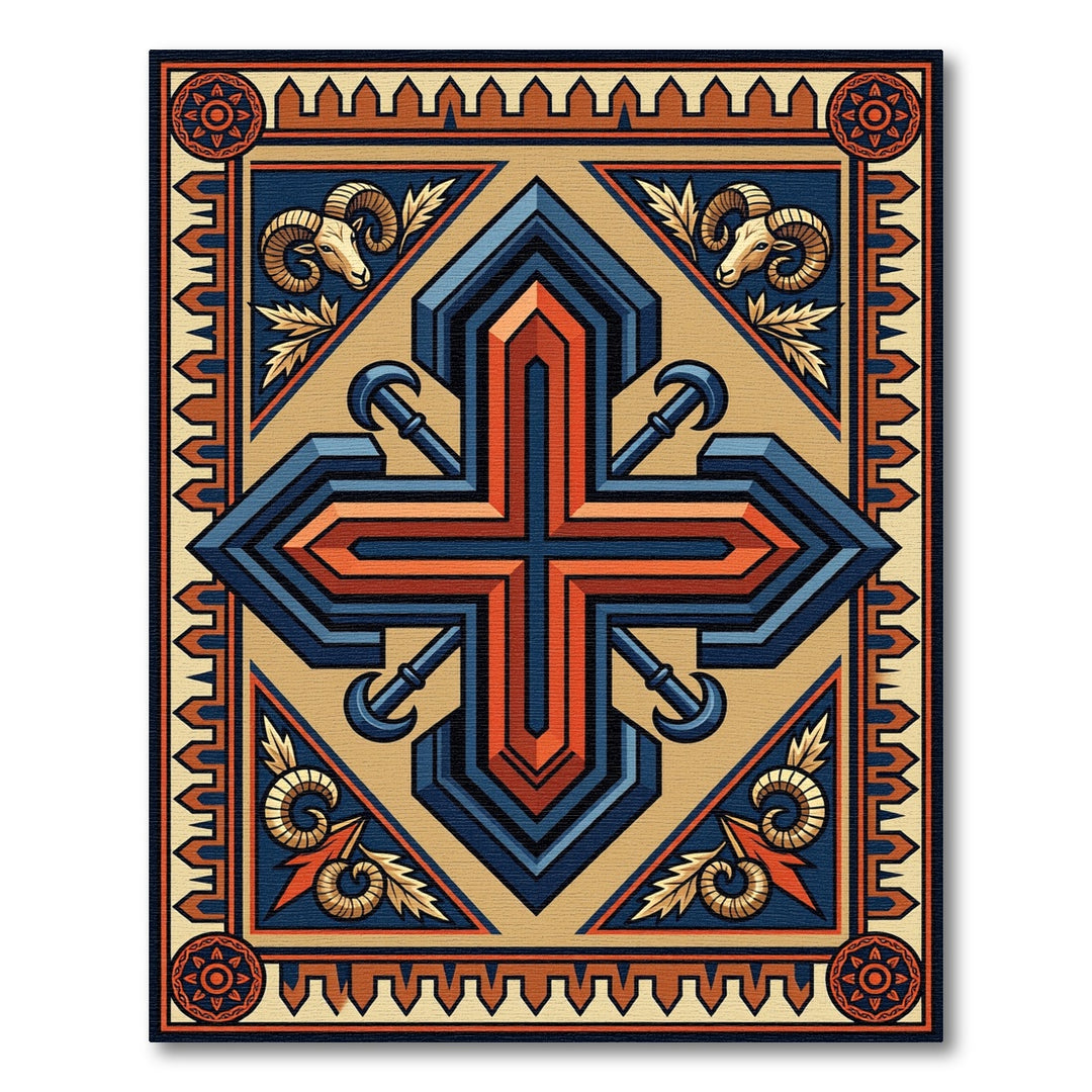 Deep Blue Orange Ram Crest Rug