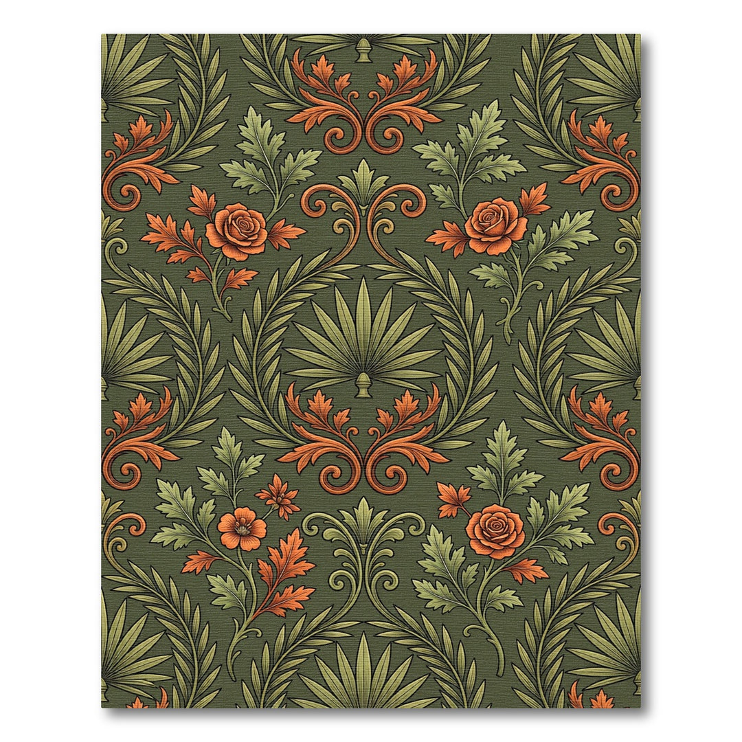 Vintage Green Orange Floral Scroll Rug