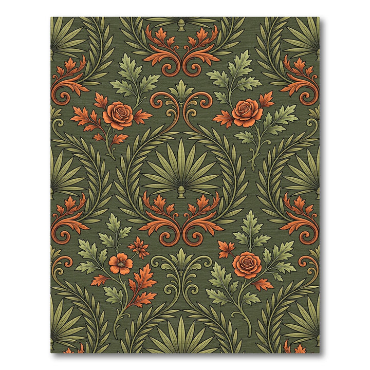 Vintage Green Orange Floral Scroll Rug