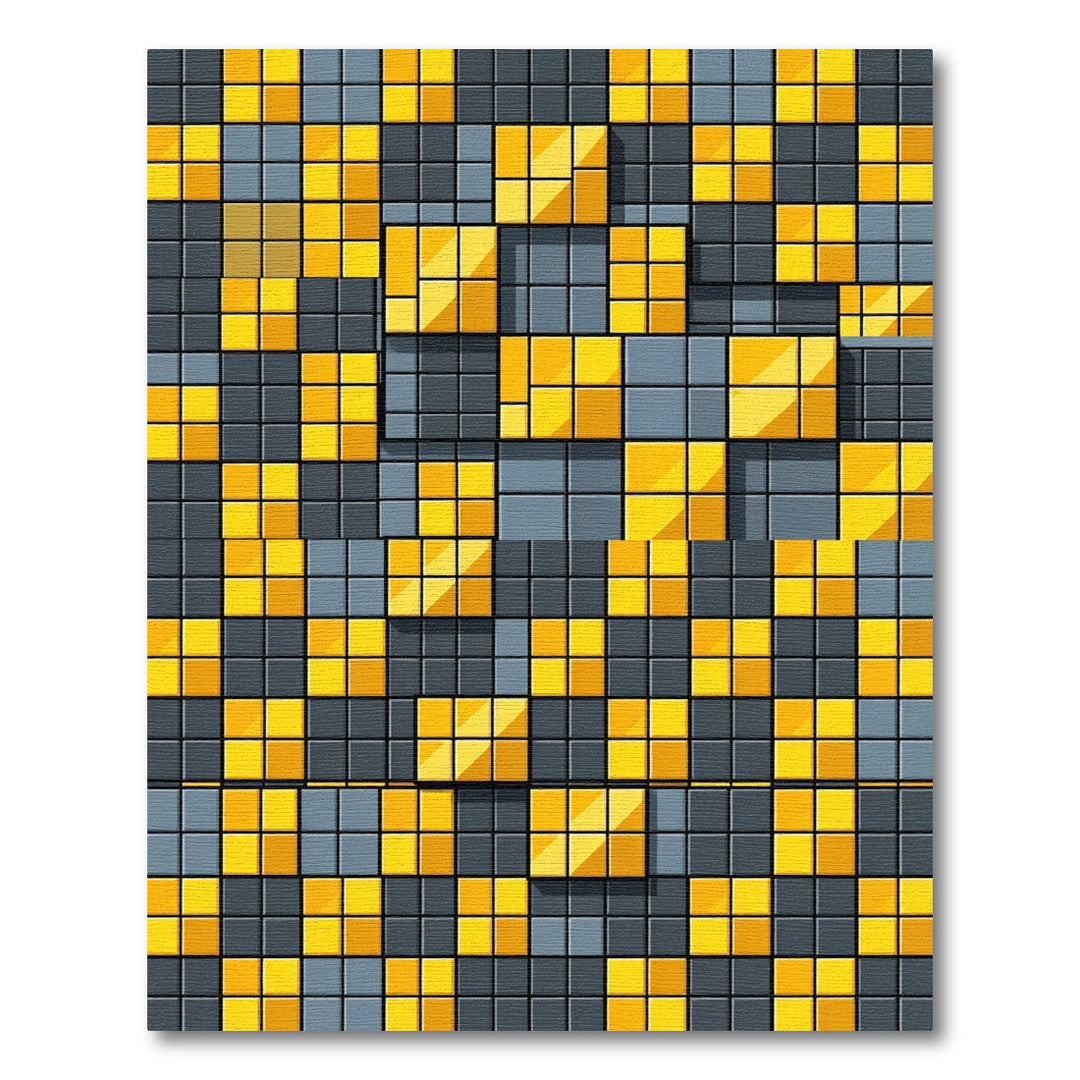 Abstract Gold Gray Square Tiles Rug