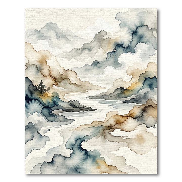 Ink Wash Landscape Mountain River Rug