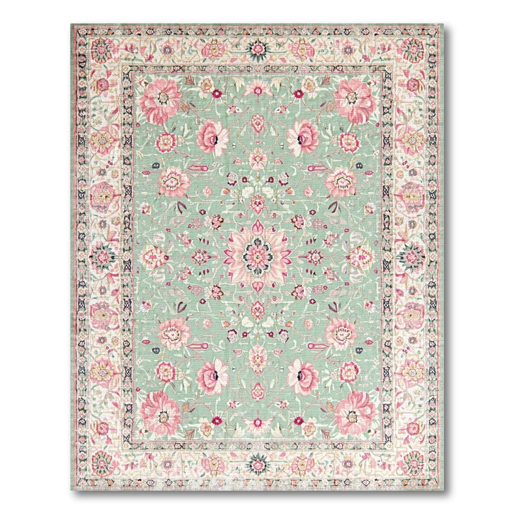 Green Mint Green Pink Floral Vintage Area Rug